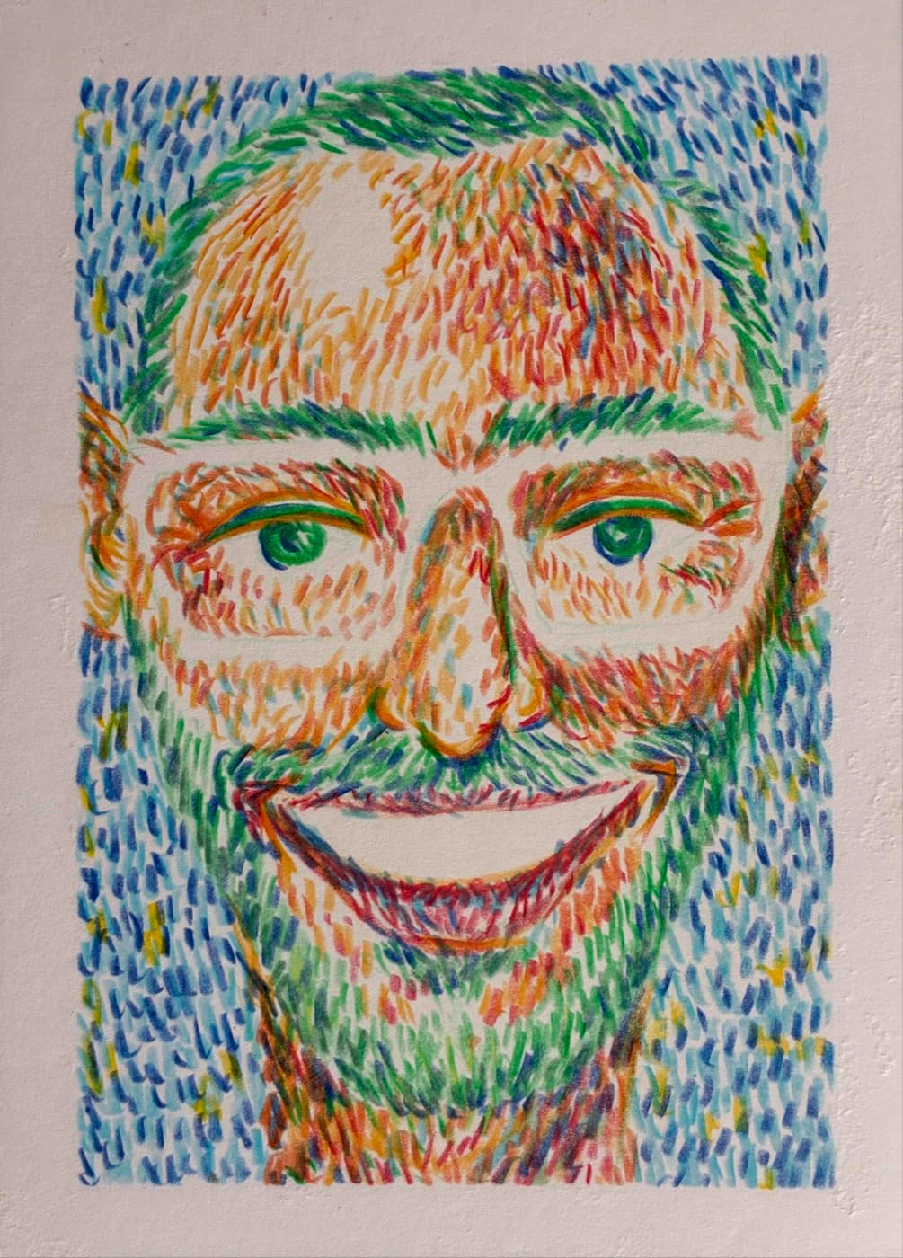 Colored-pencil portrait of Ehsan Shahabi by Zahra Karimi, in post-impressionist strokes